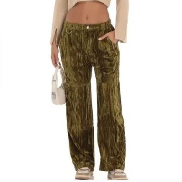 Pretty Garbage Griseta Velvet Burnout Cargo Wide Leg Baggy Pants in Olive Green - Picture 1 of 13